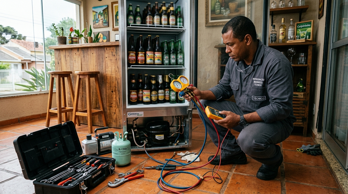 Técnico revisando o motor de uma cervejeira durante chamado em Santa Maria‑RS