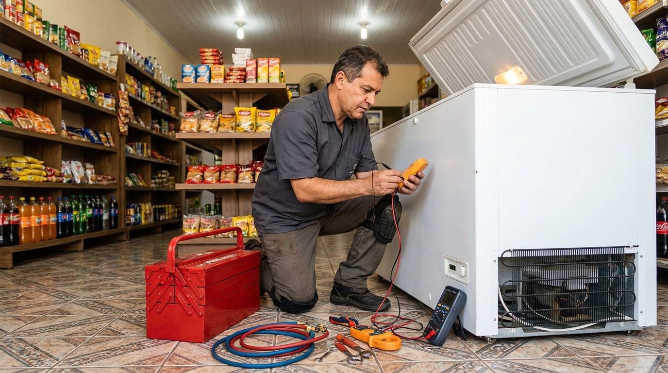 Manômetro conectado ao circuito durante recarga de gás de freezer em Santa Maria‑RS