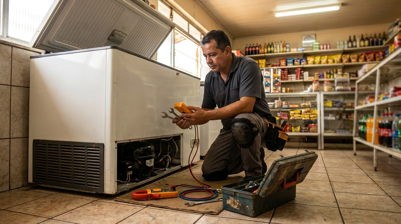 Técnico avaliando um freezer vertical durante atendimento em Santa Maria‑RS