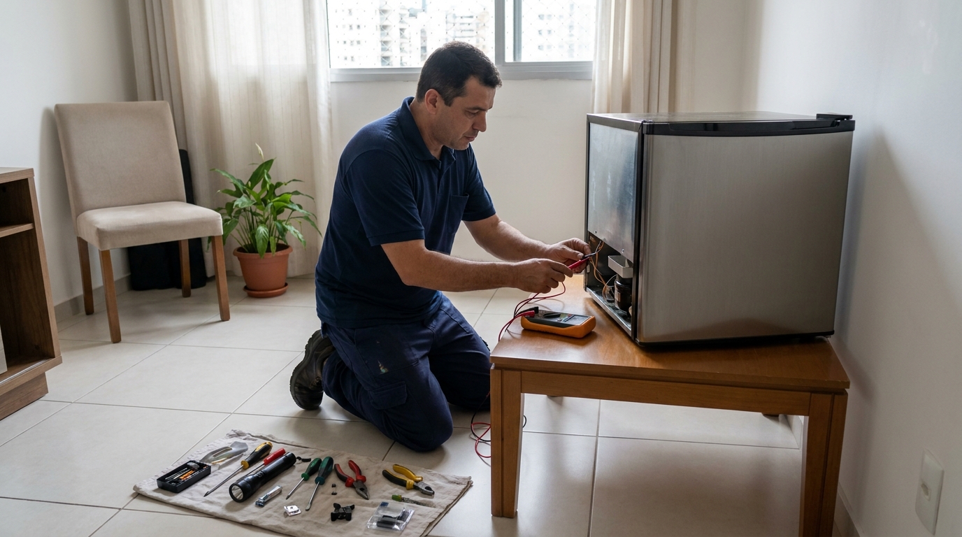 Técnico avaliando um frigobar compacto durante atendimento em Santa Maria‑RS